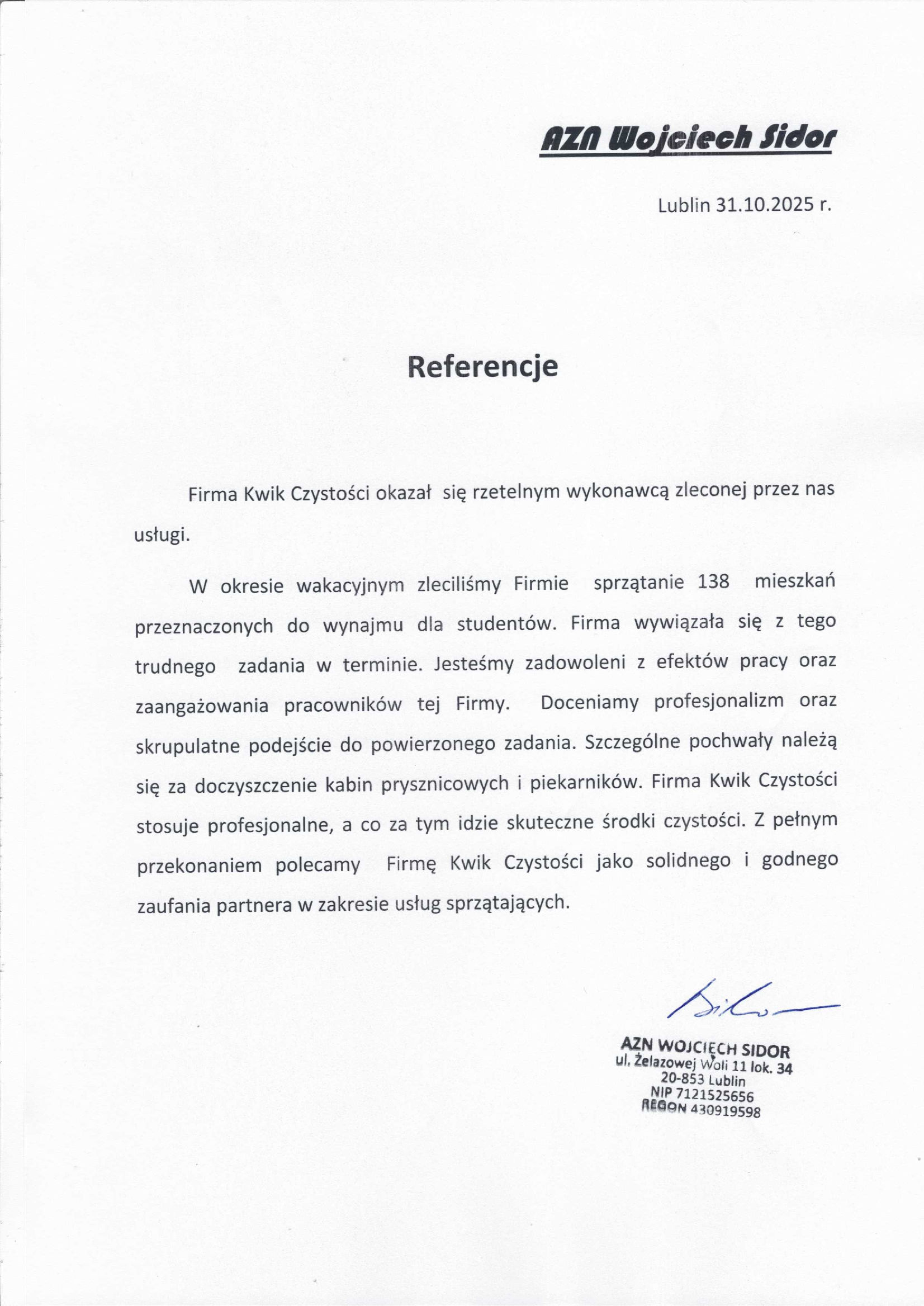 Referencje od klienta AZN